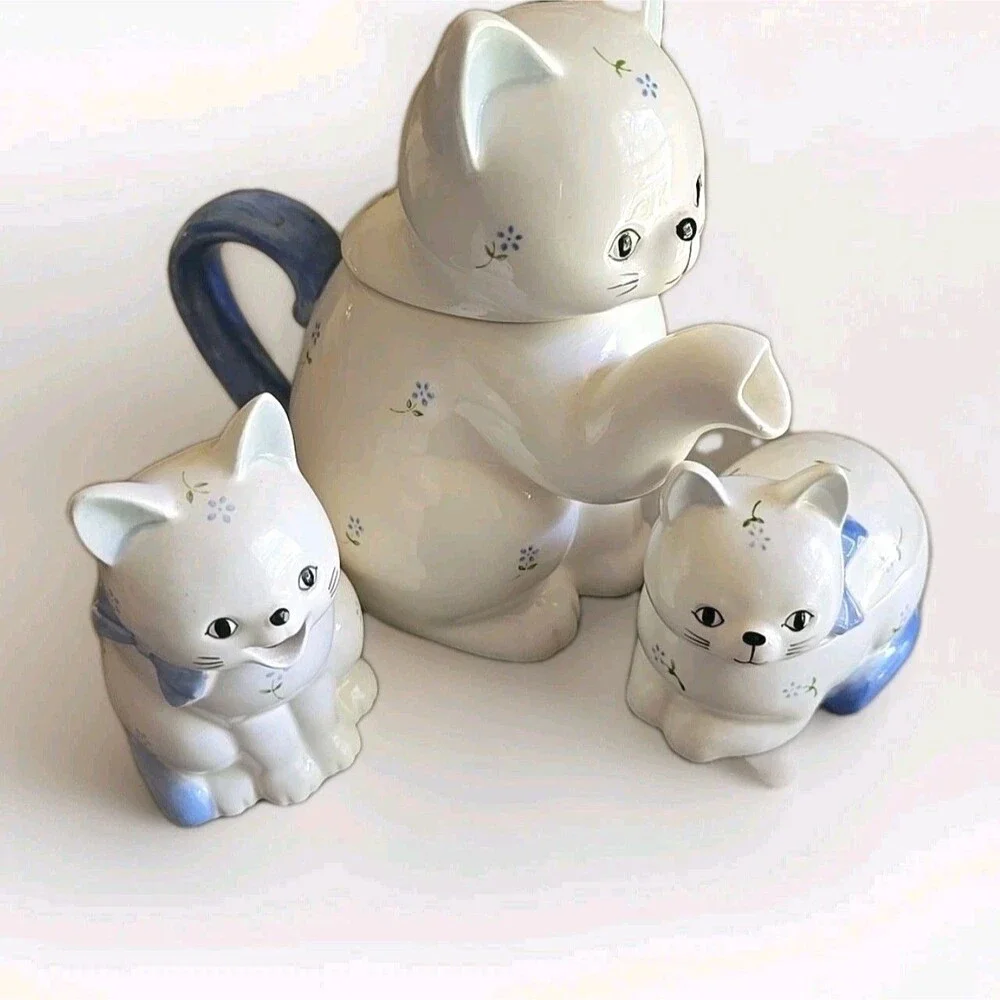Vintage Otagiri Cat Ceramic Teapot Creamer Sugar Bowl Set - White & Blue Floral